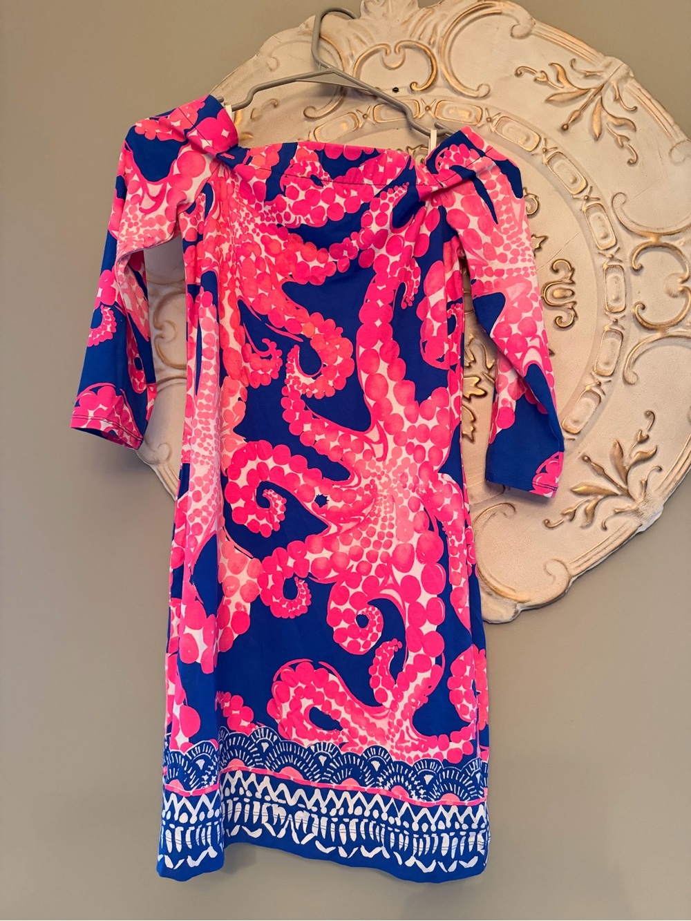 Lilly Pulitzer XXS Pink & Blue Octopus Off Shoulder Shift Dress